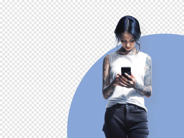 Pretty young tattooed girl addicted to her smartphone isolated on transparent background generative ai