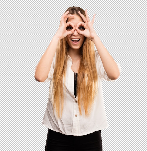 PSD pretty young woman doing glasses gesture