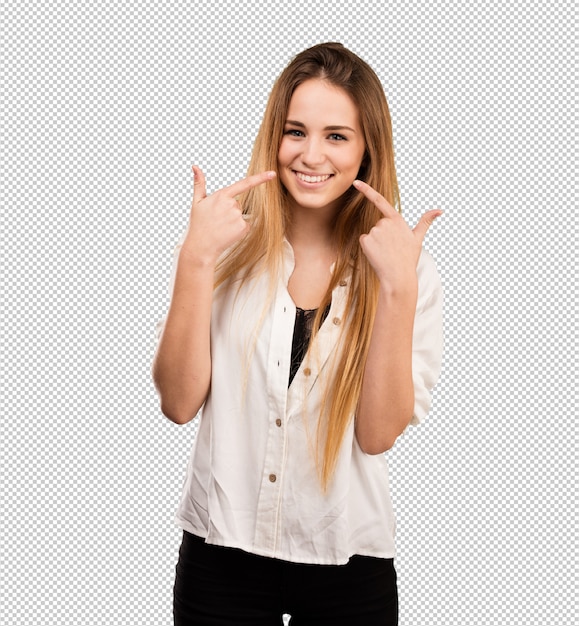 Pretty young woman pointing her mouth