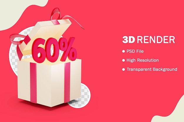 Price off and gift box with red ribbon sale concept in 3d design