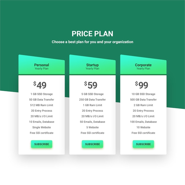 PSD price plan table template