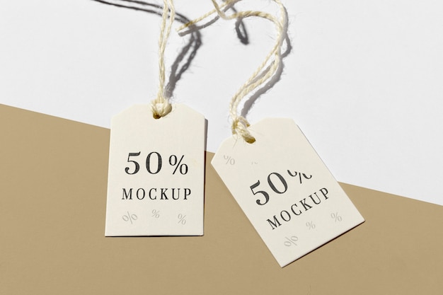 Price tag with discount  on brown and white background