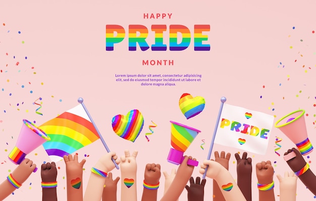 PSD lgbtqia 프라이드 축하를 위한 손 축제 물건과 복사 공간이 있는 프라이드 배너 배경