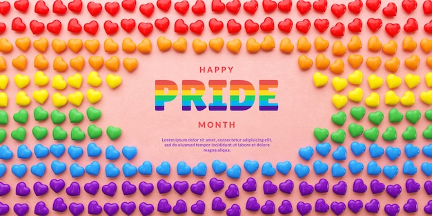 PSD pride banner with rainbow colored hearts on pink background and copy space for lgbtqia pride month