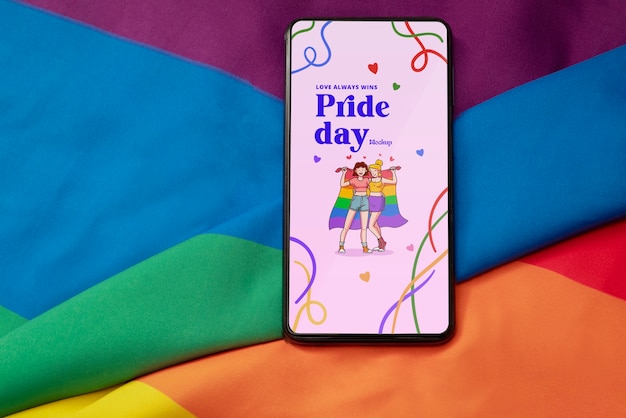 PSD pride day phone mockup with flag