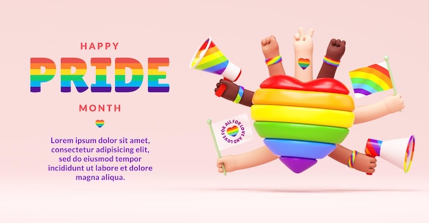 PSD priorità bassa festiva dell'insegna di orgoglio con le mani di un cuore dell'arcobaleno e copia lo spazio per il mese di orgoglio di lgbtqia