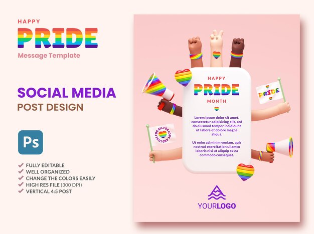 PSD pride social media verticale postachtergrond met tekstvak en handen voor lgbtqia pride-maand