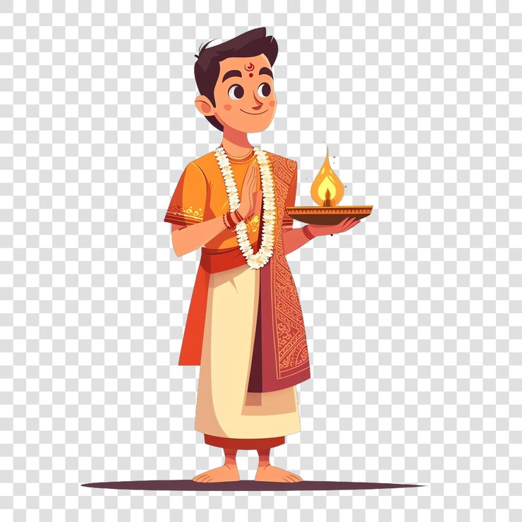PSD priest performing aarti ceremony with ornate brass lamp isolated on a transparent background