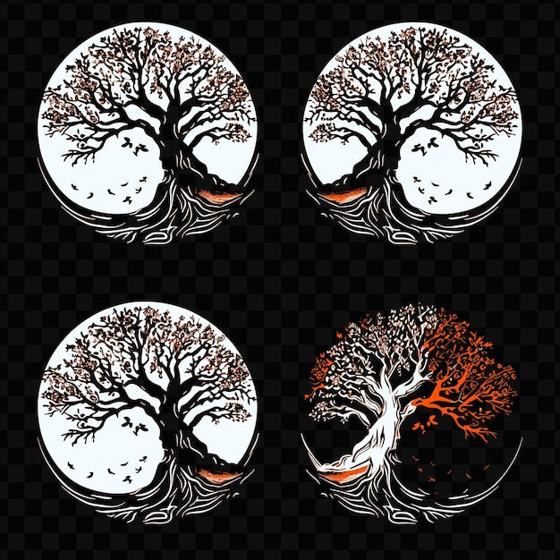 PSD primitive tree design with branches and leaves with silhouet tattoo ink line decor frame art design