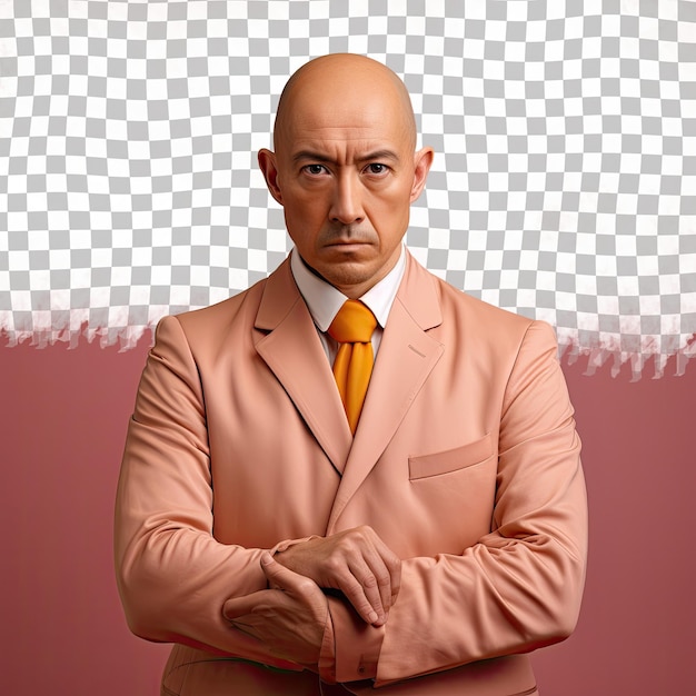 PSD principal a serious asian man in bald hair overwhelmed poses in folded arms stance on apricot background