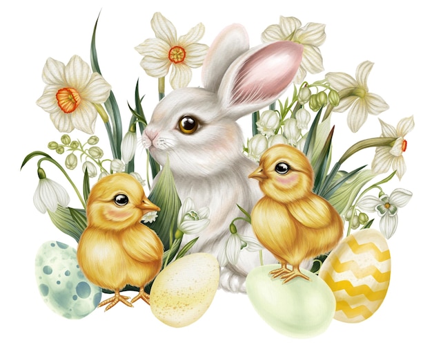 print for easter card bunny yellow chicks and easter eggs among white spring primroses