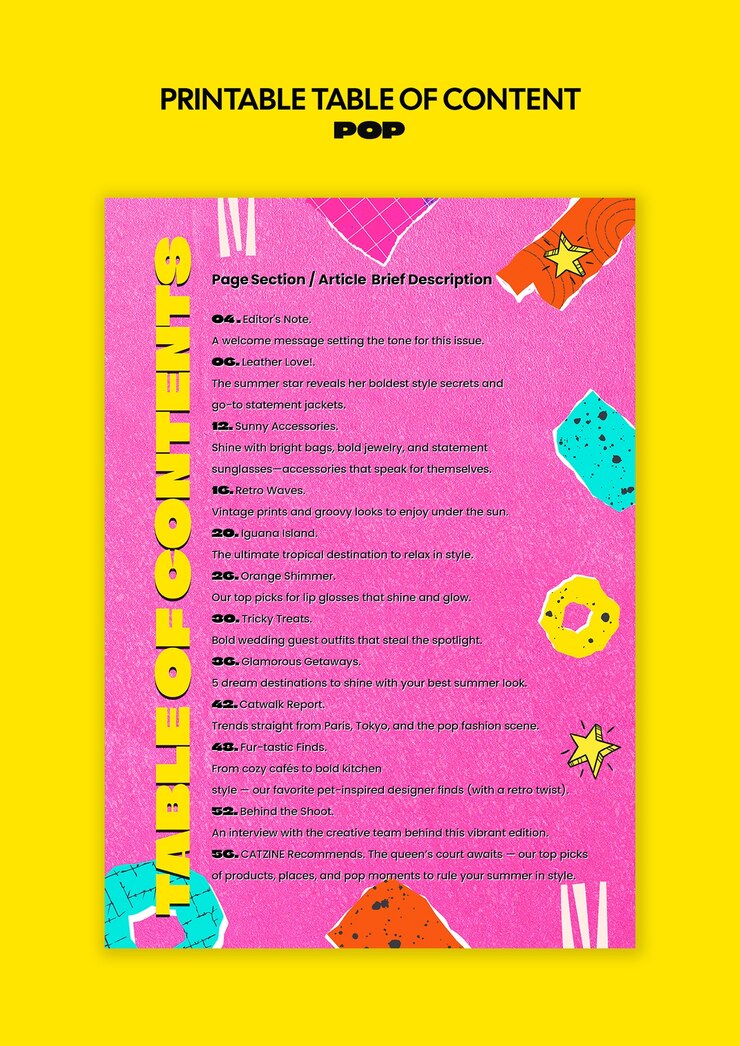 PSD printable table of contents for a pop culture magazine