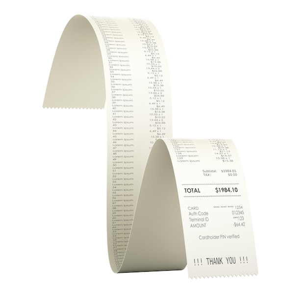 Printed receipt bill 3D rendering isolated on transparent background