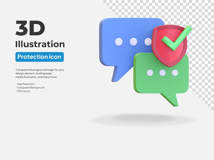 PSD private chat icon data protection secured with shield and check mark 3d render illustration