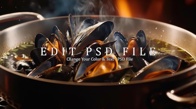 PSD the process of preparing mussels in a large saucepan