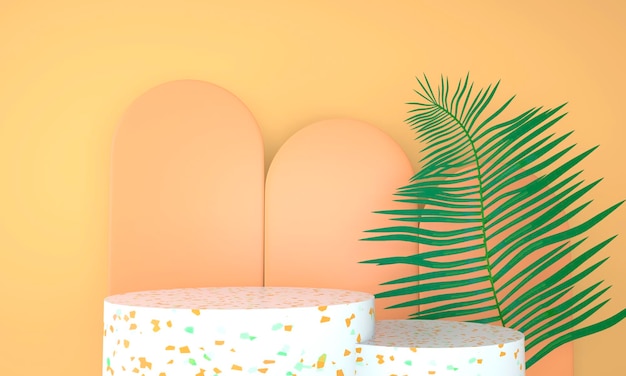 product display podium decorated with leaves on pastel background, 3d illustration