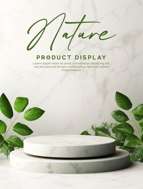 Product display podium with nature leaves on white background empty podium