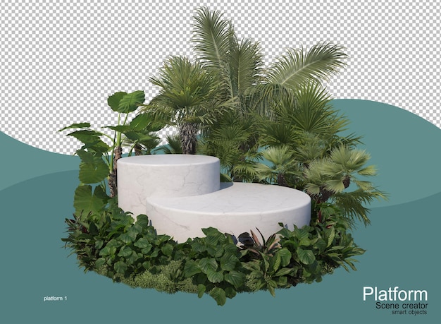 Product display stand in the garden with palms