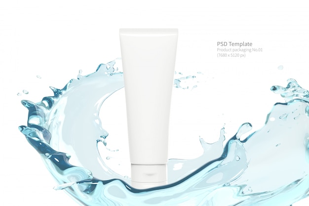 Product packaging with water splashing on white background 3d render