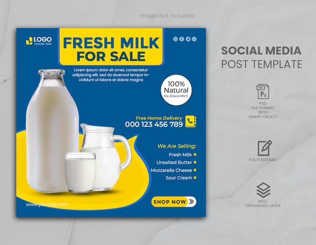 Product social media post banner template or milk sale promotion square flyer