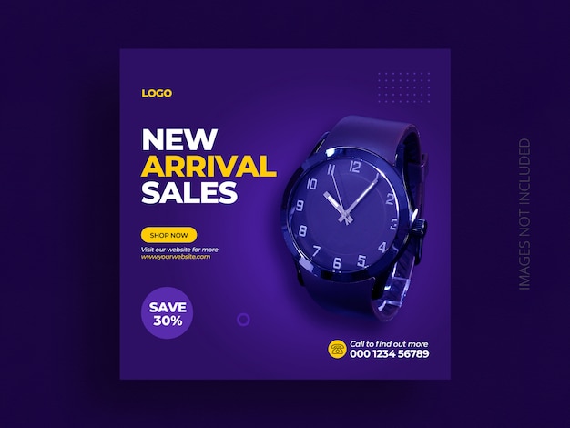 Product social media post banner template or watch sales marketing square flyer