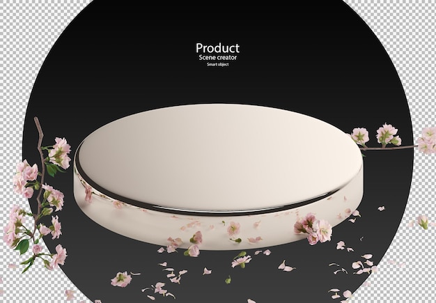 Product stand with cherry flowers in 3d rendering isolated