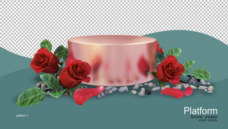 PSD product stand with various kinds of flowers