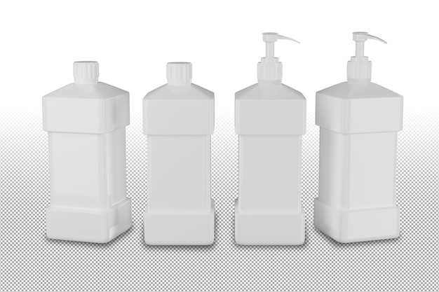 PSD produkty czyszczące białe plastikowe butelki na szampon lub płynny detergent do prania i biała głowica pompy pakiet makieta 3d na białym tle