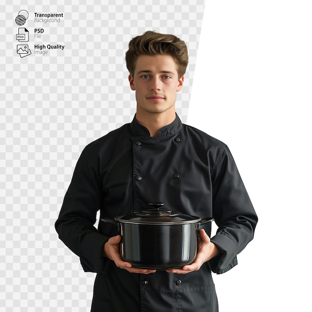 PSD profesjonalny szef kuchni trzymający czarny garnek
