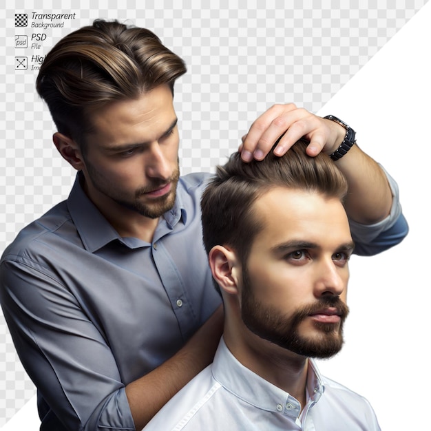 PSD professional barber styling hair of a handsome client