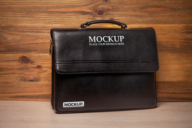 Professional black leather briefcase with branding