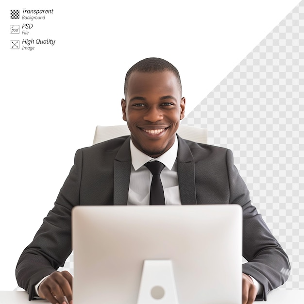 PSD professional businessman smiling behind computer with transparent background