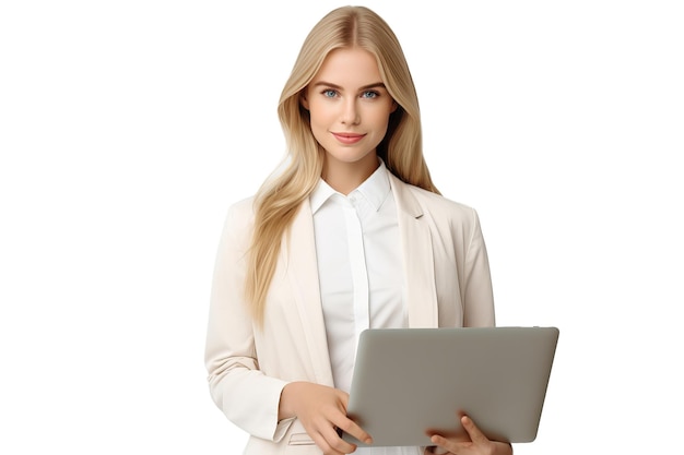 PSD professional businesswoman using laptop isolated against a transparent background