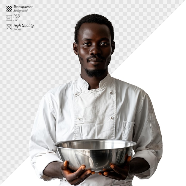 PSD professional chef holding a stainless steel bowl confidently