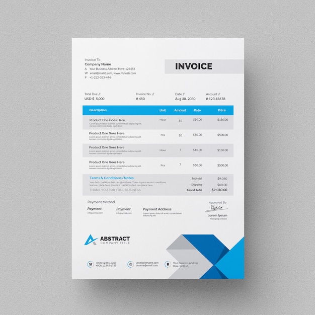 Professional corporate blue color invoice template