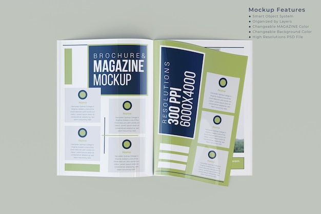 Professional corporate business magazine or brochure Top view of open mockup