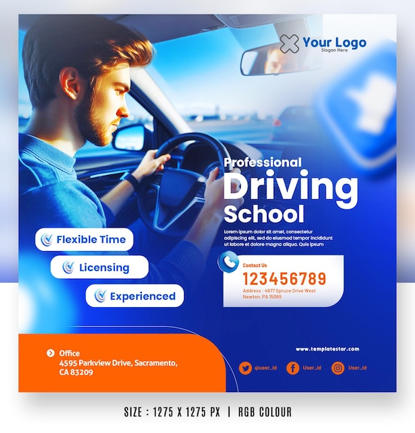 Professional driving school squared flyer banner templates