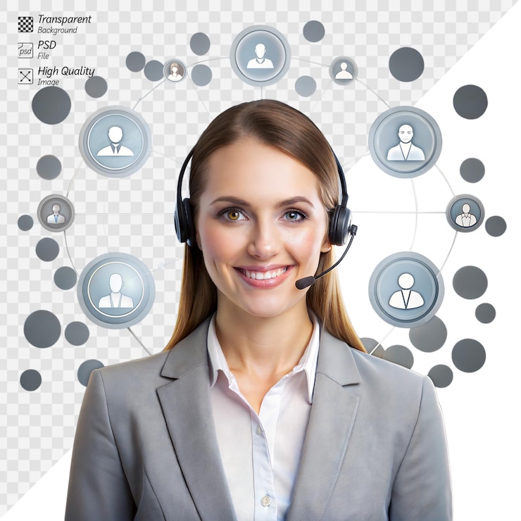 PSD professional female operator with headset and network icons
