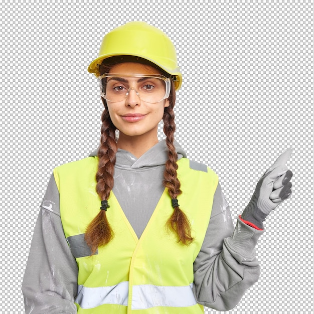 professional female worker engineer dressed in working uniform protective helmet transparent glasses and gloves indicates at copy space demonstrates ideas for building consturction engineering