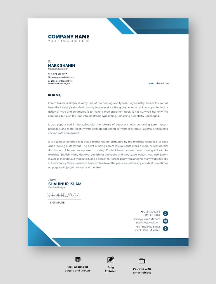 PSD professional letterhead template with blue accents and clean layout