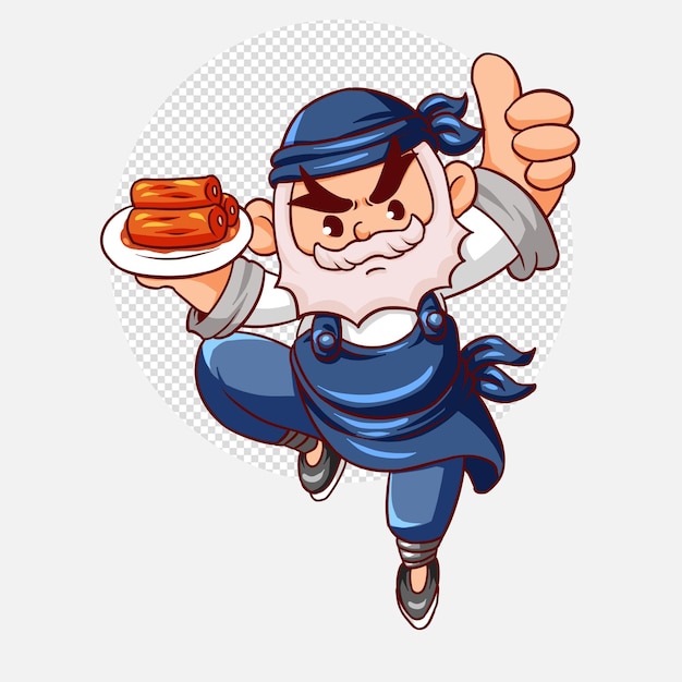 Professional male chef with foods in hands cartoon art illustration