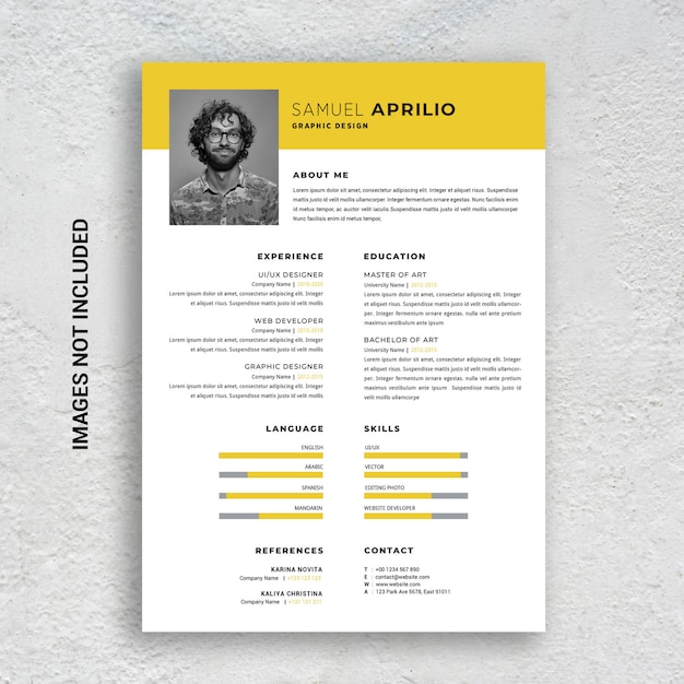 Modello curriculum professionale minimalista, giallo e nero