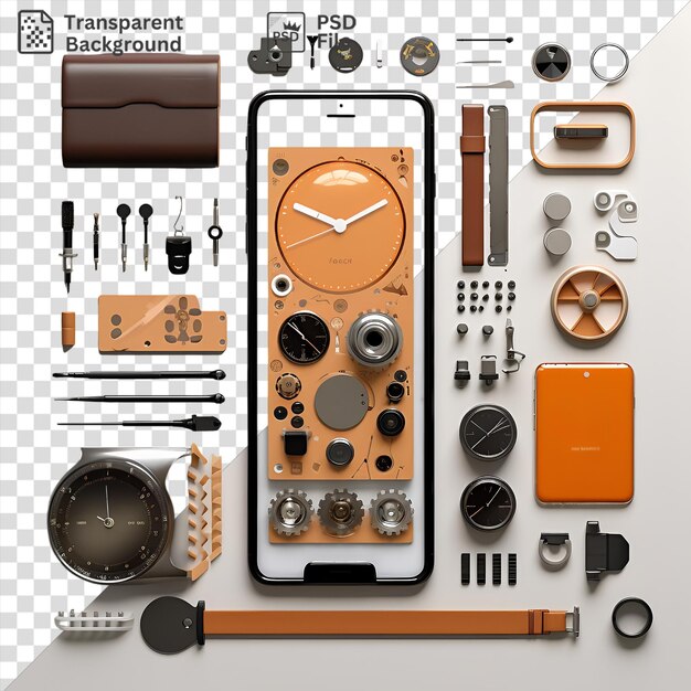 PSD professional mobile app development tools set up on a transparent background featuring a black and silver watch a white clock and a black pen