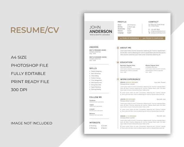 PSD professional modern and minimal resume or cv template