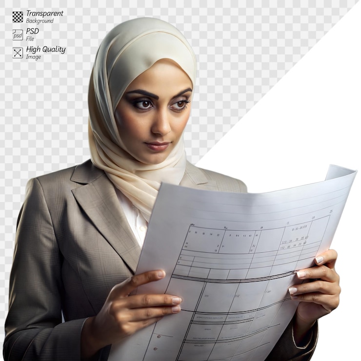 PSD professional muslim woman analyzing a financial chart