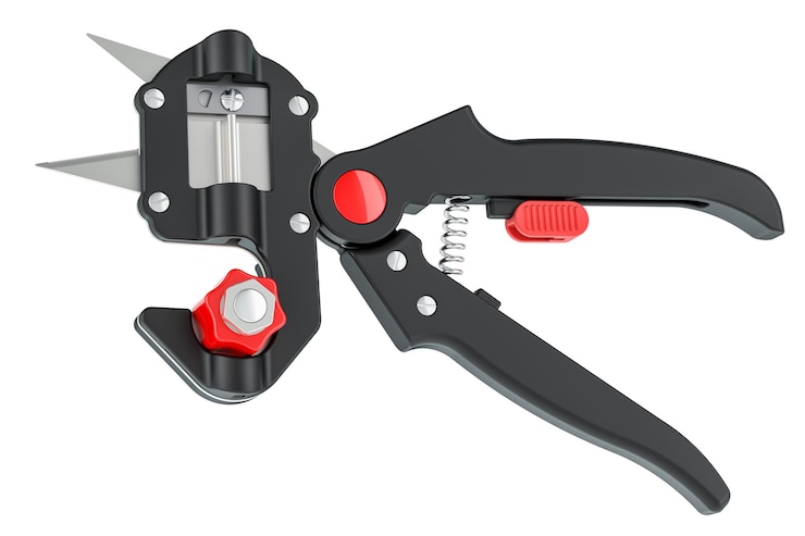 PSD professional nursery fruit tree grafting knife tool pruner grafting secateur 3d rendering isolated on transparent background