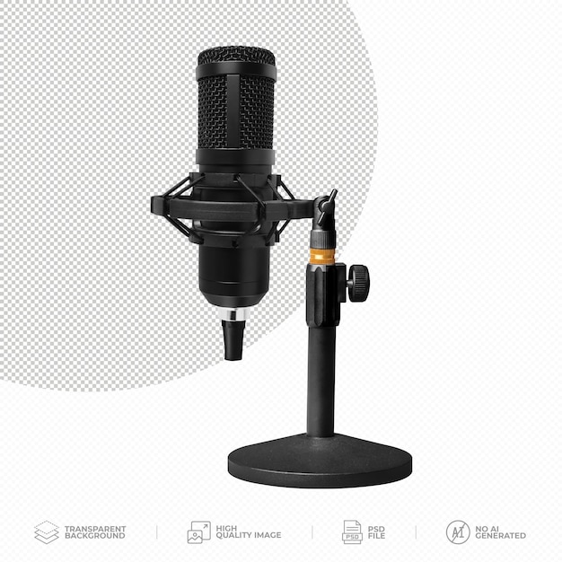 PSD professional podcast microphone on a desktop stand on transparent background