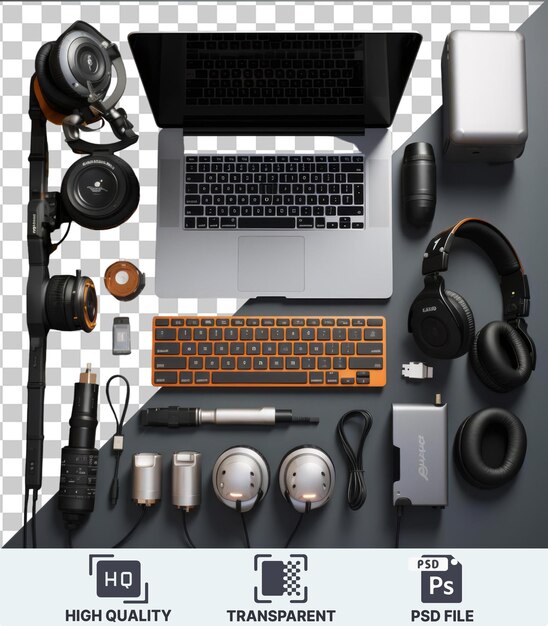 PSD プロフェッショナルなポッドキャスティング機器黒いヘッドフォン黒いラップトップ黒いキーボード銀色のカメラを備えたセットアップ
