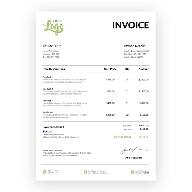 Professional restaurant invoice with mock-up