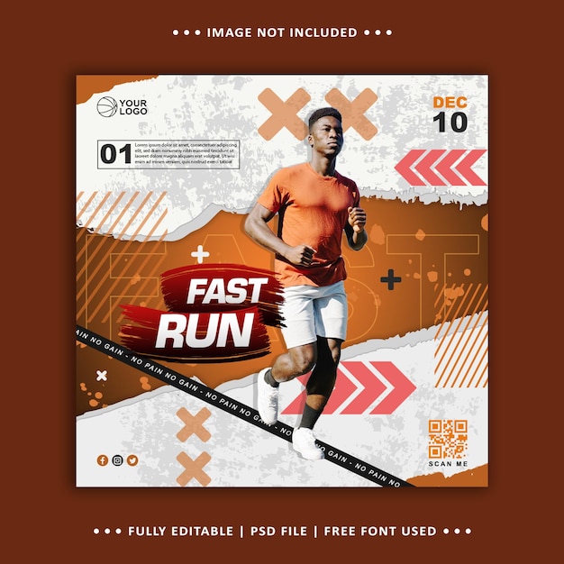 Professional runner athlete flyer social media post template orange white background premium psd